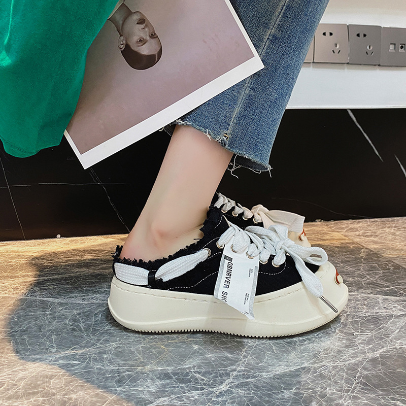 New open smile sneaker thick sole slip-on canvas daddy shoes couple's men's and women's size 41-44 half slippers