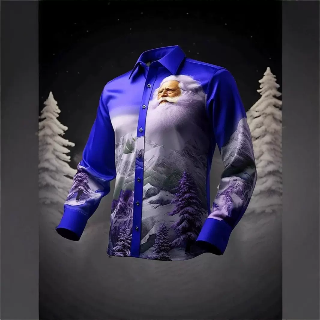 秋季圣诞节印花 欧美跨境3D数码印花 男士翻领欧码休闲长袖衬衫