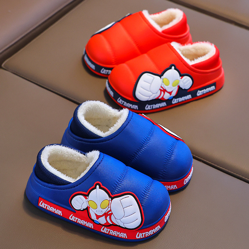 Zapatillas de algodón para niños Ultraman otoño y invierno bebés dibujos animados para niños con suela gruesa impermeable y antideslizante zapatos de algodón caseros