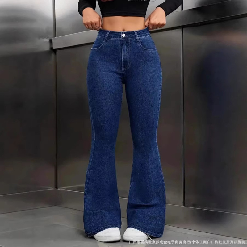 Flared Dark Blue Women's Jeans, Cross-Border European and American Style, Elegant Workwear, Stretchy High-Waisted, 2026 Slimming Hot Pants, New