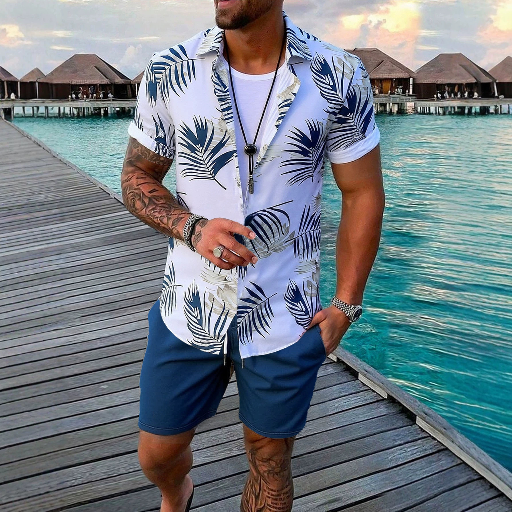 Transfronterizo amazónico hombre con solapa tropical hoja impresa camiseta pantalones cortos set de playa de vacaciones casuales set de dos piezas