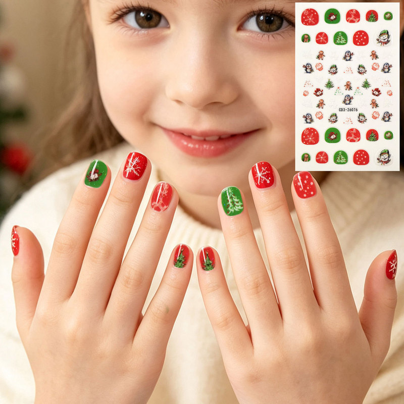 Cross-border new Christmas nail art stickers for kids, featuring cute cartoon reindeer and snowflake designs, waterproof, and suitable for temporary nail decoration at parties
