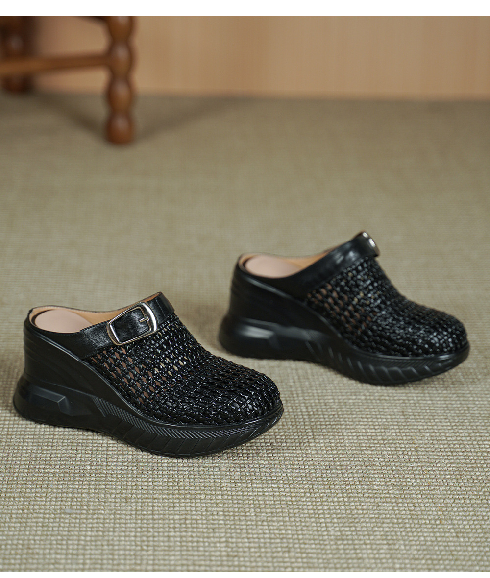 Sandal cao gót nữ mũi hở đế xuồng 8.5cm da thật kiểu La Mã đan lưới — màu đen, màu mơ chi tiết 12