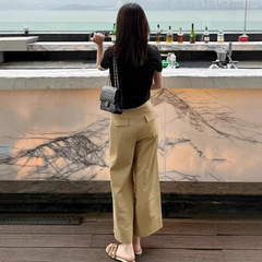 カーキ色の高腰直筒広脚カジュアルパンツ女性夏2025新型ゆるい痩せ梨形体型九分ズボン