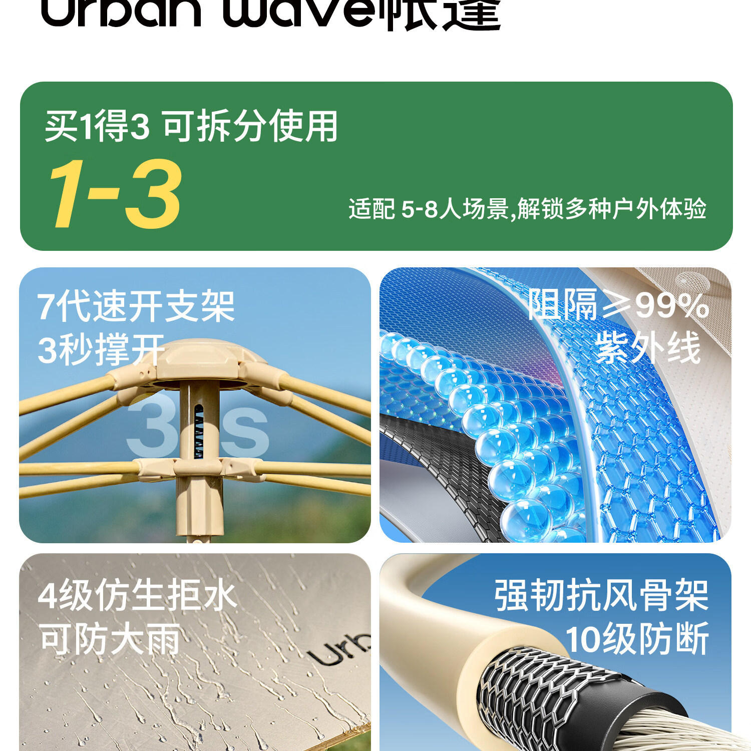 Outdoor portable tent for overnight camping and picnics, automatic camping equipment, complete set of rainproof foldable canopy 2-in-1
