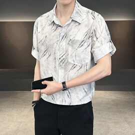 舒适帅气潮流夏季印花感痞帅短袖衬衫男士时尚宽松潮流百搭休闲男