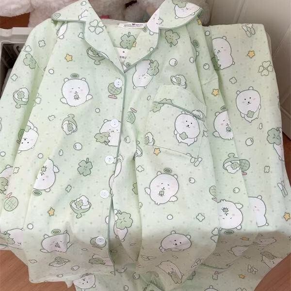 Cartoon Sweet Long-Sleeved Pants Pajamas for Women Autumn New Milk Silk Cute Girl Loose Cardigan Home Clothes Cartoon Sweet Long-Sleeved Pants Pajamas for Women Autumn New Milk Silk Cute Girl Loose Cardigan Home Clothes