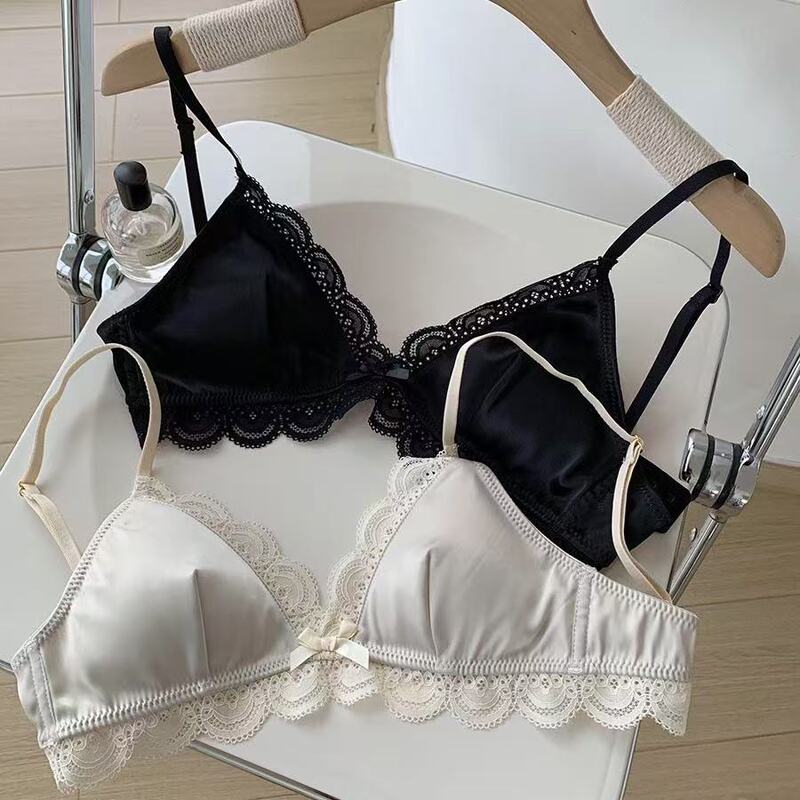 Korean Style Simple Triangle Cup Bow Lace Edge Satin Underwear Small Chest Anti-sagging Comfortable Beautiful Back Girl Bra
