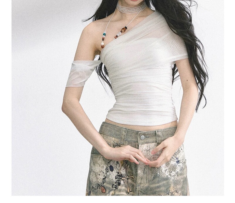 薄暮之海 微透斜肩薄款短袖T恤女夏收腰显瘦辣妹设计感上衣|undefined