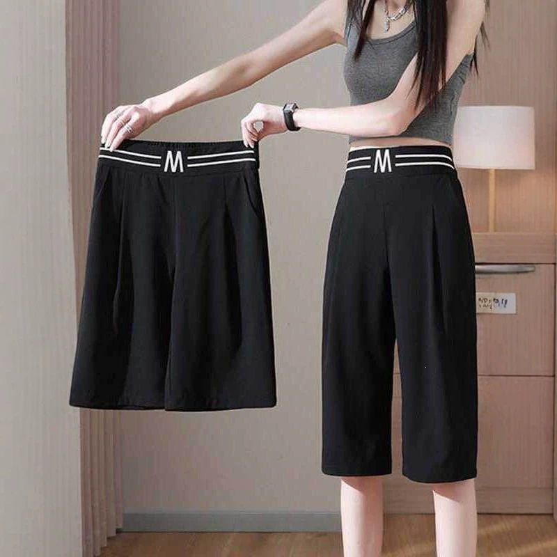 Summer New Style Women's Cropped Pants, Straight-Leg, Plus-Size, Stretchy, High-Waisted, Slimming, Casual, Sporty, Versatile Wide-Leg Shorts for Outdoor Wear