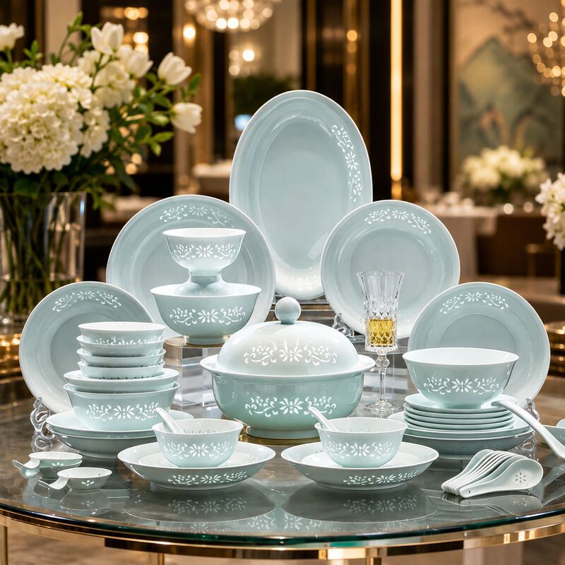 Jingdezhen Yingqing Glaze Linglong Porcelain Lotus Pattern Household Ceramic Rice Bowl Housewarming Gift Set Tableware Gift Box