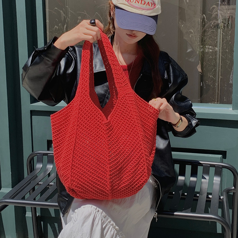 South Korea Vintage Ins Shoulder Woven Bag New Vacation Casual Beach Bag Crochet Woven Bag Portable Tote Bag South Korea Vintage Ins Shoulder Woven Bag New Vacation Casual Beach Bag Crochet Woven Bag Portable Tote Bag