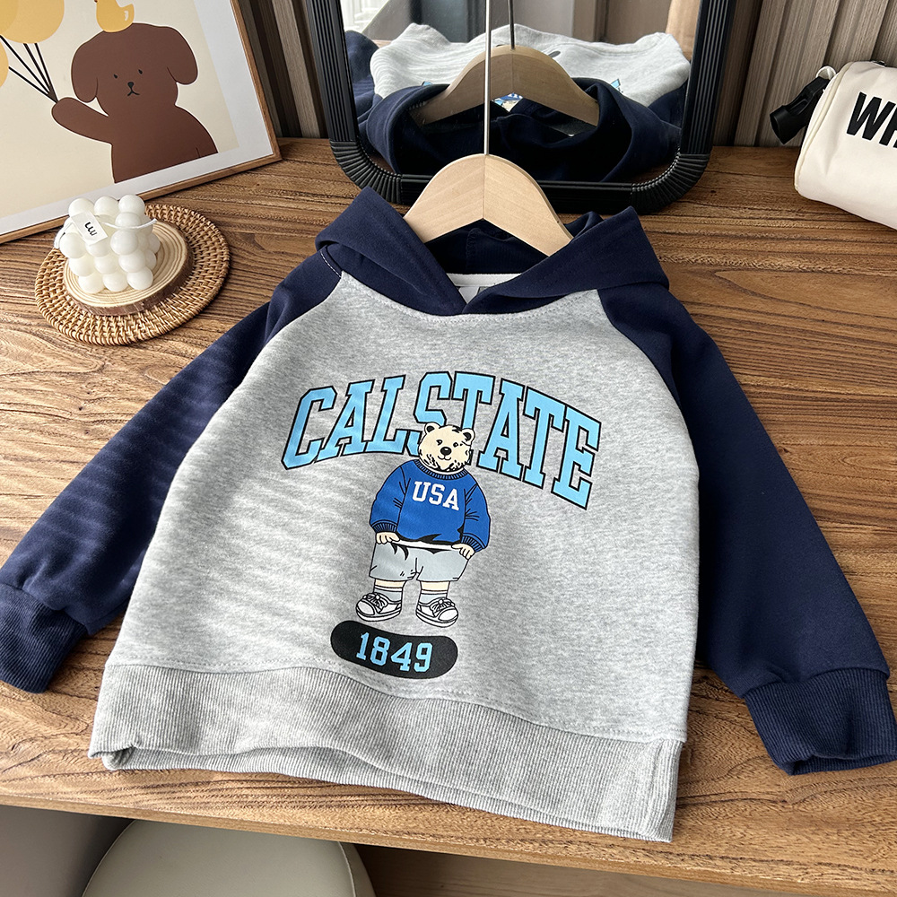 2024春款童裝男童兒童卡通印花插肩袖連帽衛衣帽衫上衣批發代發