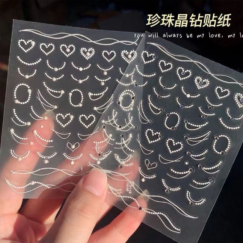 New Pearl Chain Nail Art Stickers Finished Crystal Diamond Relief Stickers White with Adhesive Internet Red Nail Patch