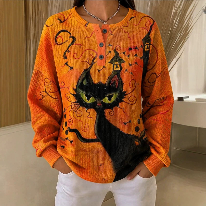 26-Year European and American Cross-Border Spring and Autumn 3D Printed Loose Casual Halloween Waffle Gown Stand Collar 3-Button Long Sleeve T-Shirt for Women