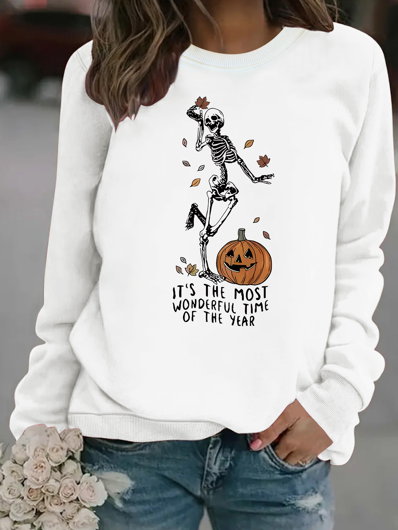 Herren-Sweatshirt mit Kürbis-Totenkopf-Print für Halloween – Gemütlicher Langarm-Pullover mit Rundhalsausschnitt für Damen und Herren (verschiedene Farben und Größen)_voghion.com