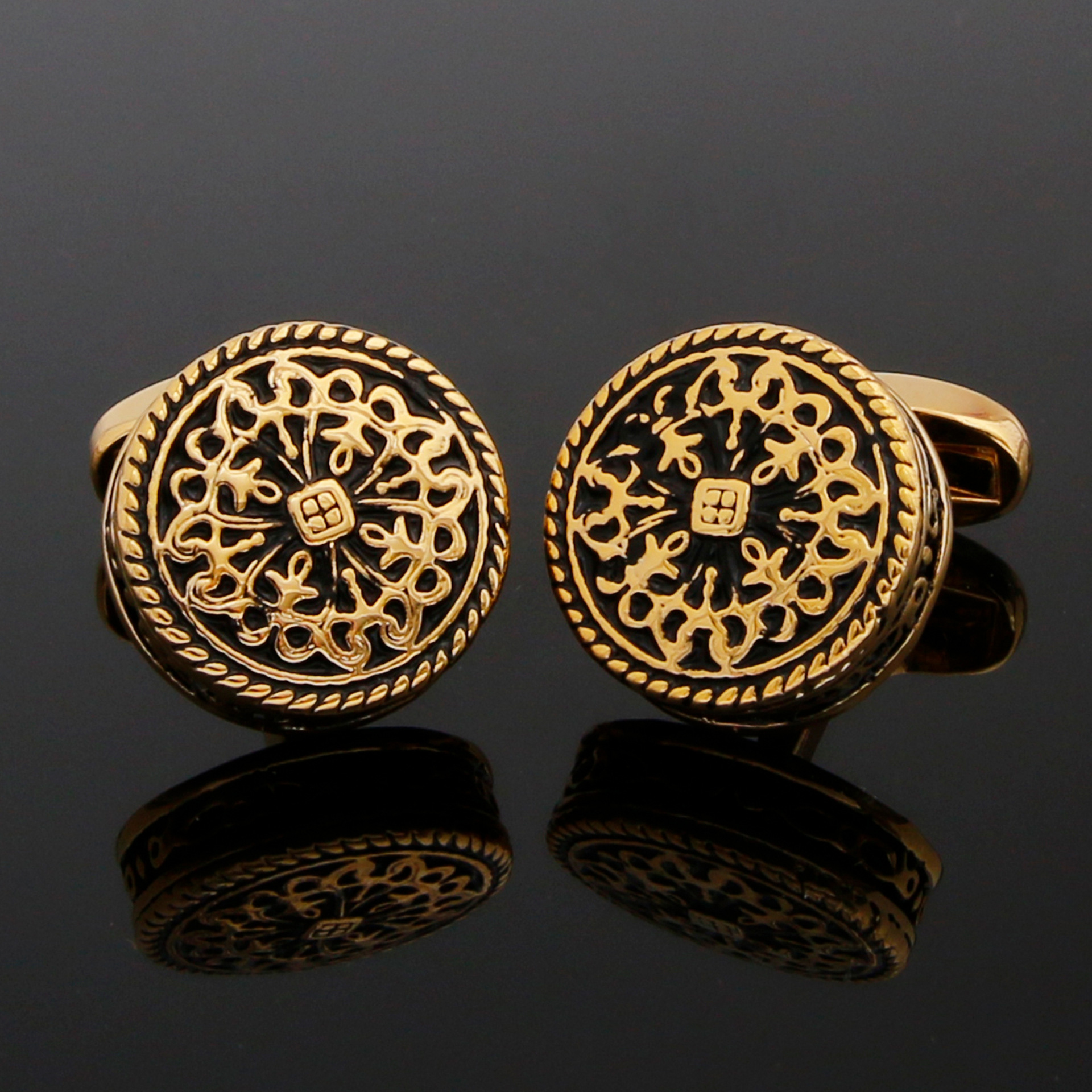 1 Pair in stock Wholesale Retro French Art Pattern Round Gold Men's Cufflinks XK25005