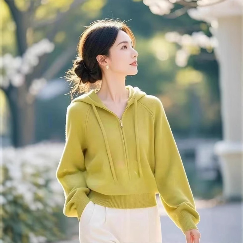 2025 Spring Korean Style Atmosphere Unique Super Good-looking Lazy Wind Mustard Yellow Hooded Sweater Top for Women