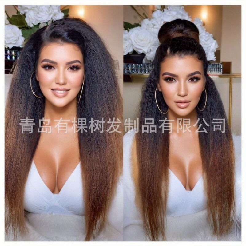 Yaki Gradient Color Synthetic Wig Curly Straight Hair 13X4 Front Lace Wig Heat-Resistant Middle Part Wig Natural Styling
