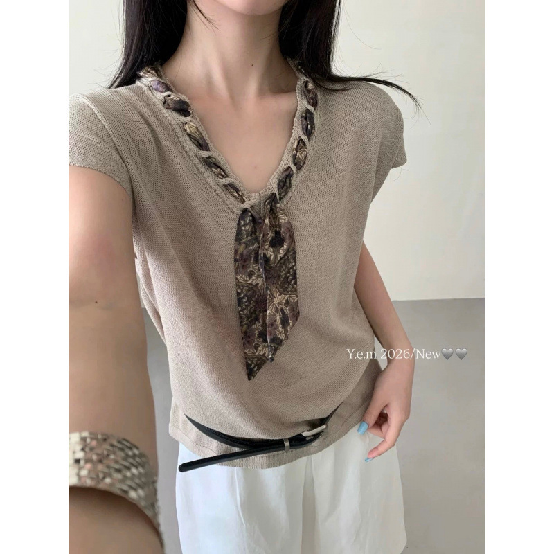 Ys Scarf-Style Flutter Sleeve V-Neck Fashionable Versatile Loose Stylish Women's Short-Sleeve Knit Top Old Money Style T-Shirt Top