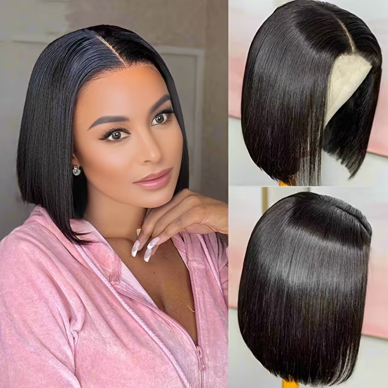 European and American women's black straight bob wig with a middle part, short bob wig with lace front, full head cover