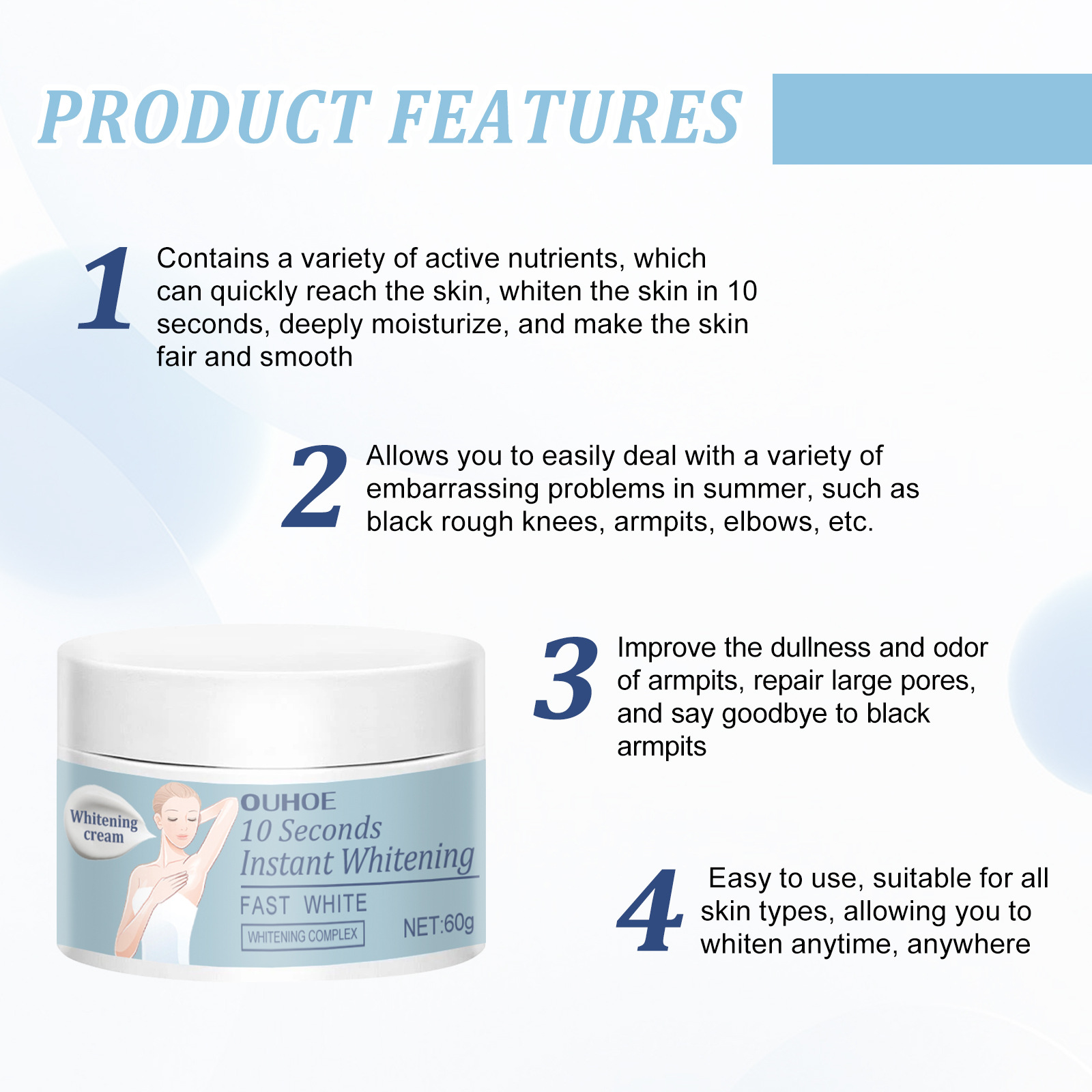 La crème éclaircissante instantanée OUHOE hydrate, embellit la peau, éclaircit le teint, les articulations des aisselles_voghion.com