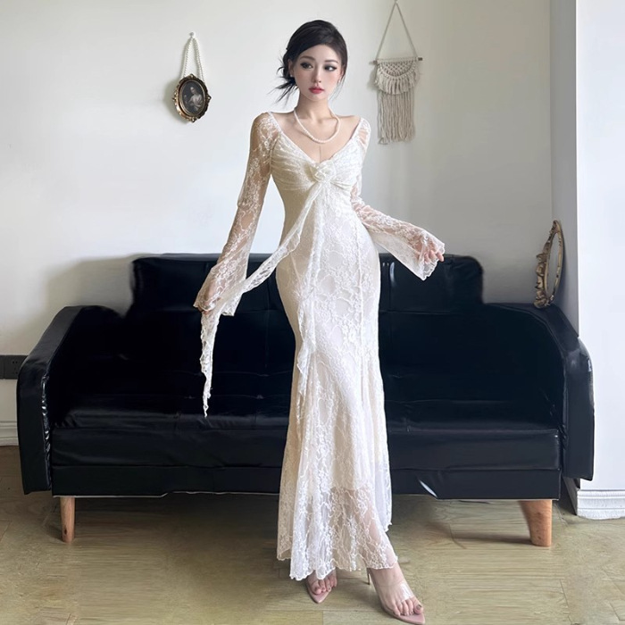 2025法式立体花朵飘带长袖礼服连衣裙女纯欲蕾丝收腰显瘦鱼尾长裙|undefined