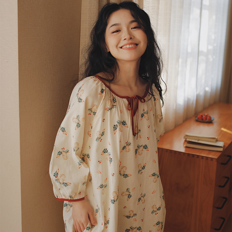 かわいい多62-フレンチパジャマ女性夏純綿ガーゼパジャマ七分袖ゆるい大サイズ綿妊婦ロングスカート