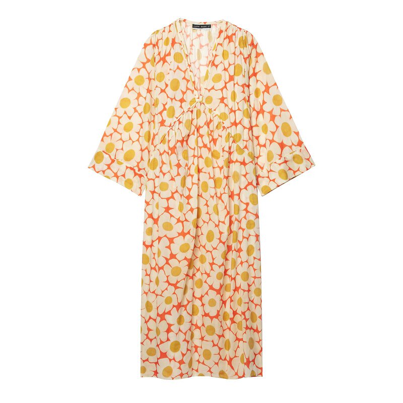 Cross-Border Women's Clothing 2026 Summer New Style V-Neck Floral Print Cotton Kaftan Dress 2114845 Cross-Border Women's Clothing 2026 Summer New Style V-Neck Floral Print Cotton Kaftan Dress 2114845