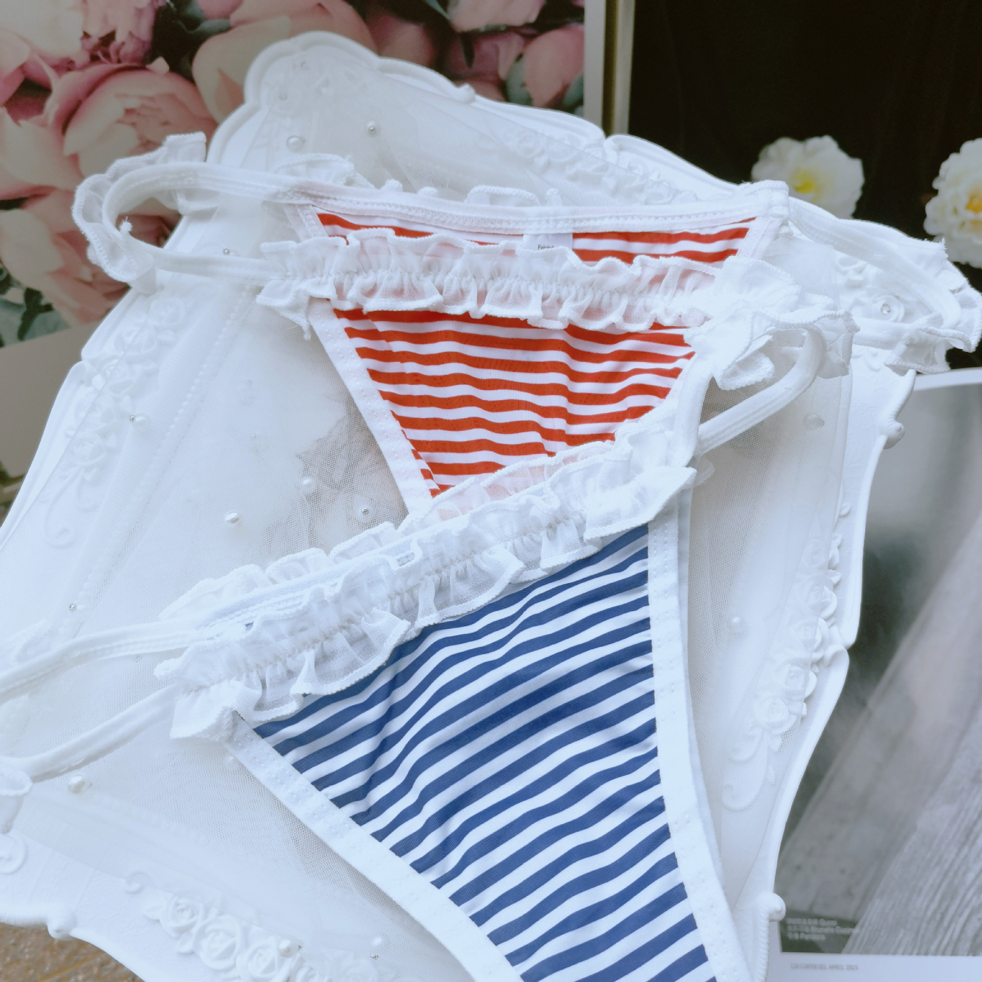 Japonés chica azul y blanco rayas ropa interior mujeres Navy estilo gasa Lolita lindo Tanga mujeres