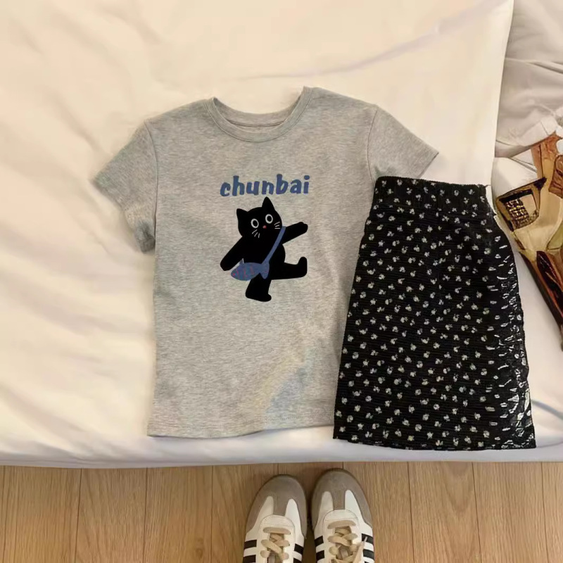 Summer 2026 Cat Print Top for Women, Pure Cotton, Regular Shoulder, Short Sleeve, Casual, Slimming, Korean Style, White T-Shirt, Base Shirt