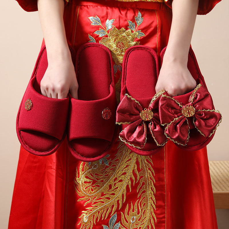 Wedding Slippers High-end Summer Festive Red Couple Wedding Bride Dressing Slippers for Home