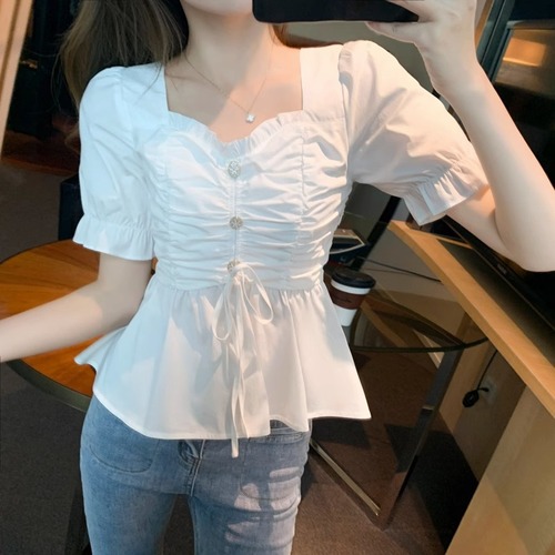 2024 French square neck short-sleeved chiffon shirt for women in summer, sweet temperament, waist-covering, belly-slimming short top