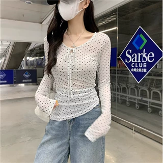 春夏女装新款 网纱微透辣妹修身系带波点防晒罩衫长袖T恤上衣