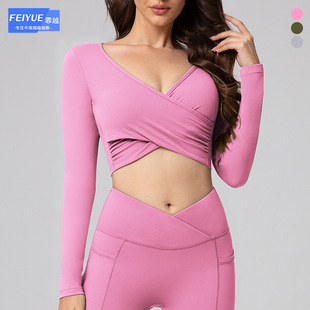 Feiyue European and American Sexy Cross Deep V Short Leaky Waist Solid Color Fitness Sports Leisure Long Sleeve Yoga Clothes Top for Women