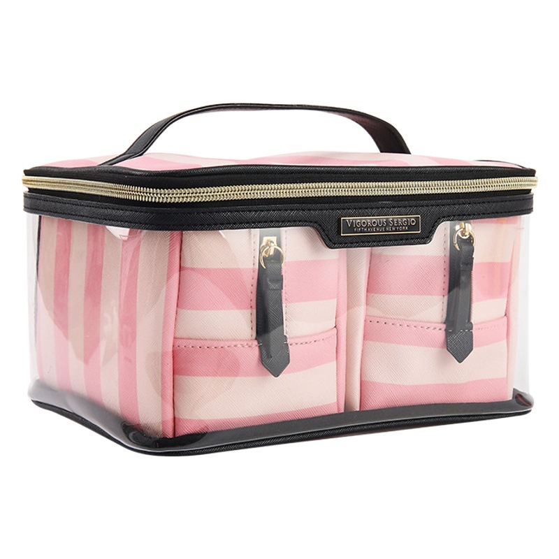 Nueva pu impermeable bolsa de lavado cosmético bolsa de almacenamiento portátil traje de mano a rayas bolsa de cosméticos de viaje portátil