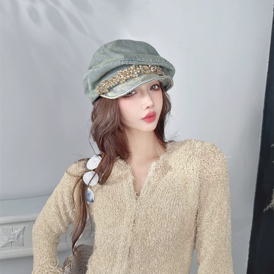 Chapéu octogonal feminino com aba alta e strass, ideal para outono e inverno, adequado para cabeças grandes, quente e com estilo vintage._voghion.com