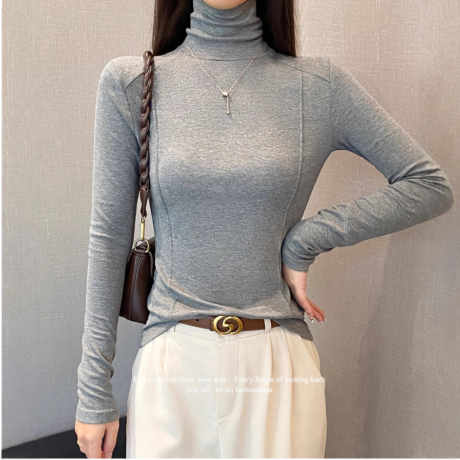 하이넥 피쉬본 긴팔 이너웨어 여성용 2025 신상 가을 겨울 슬림핏 티셔츠 슬림한 어깨라인 세련된 상의