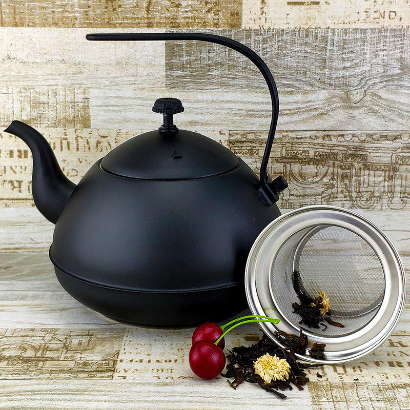 Tetera de acero inoxidable negra para uso doméstico, tetera de fondo plano para restaurantes con filtro, tetera vintage con filtro.