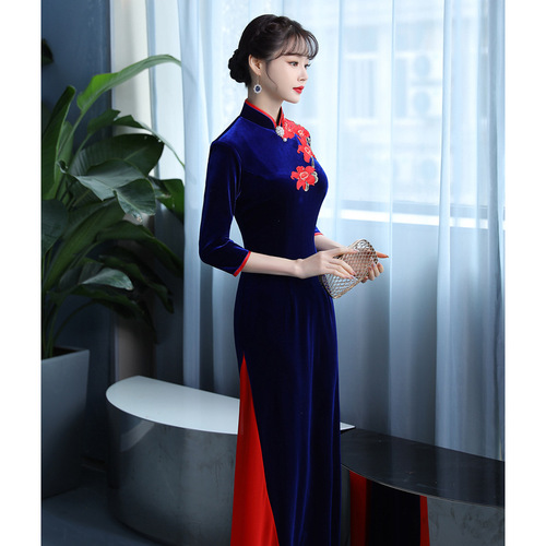 Women Chinese dress Oriental Retro Qipao Cheongsam model show miss etiquette dress cheongsam skirts Chinese velvet classical dance stage costumes