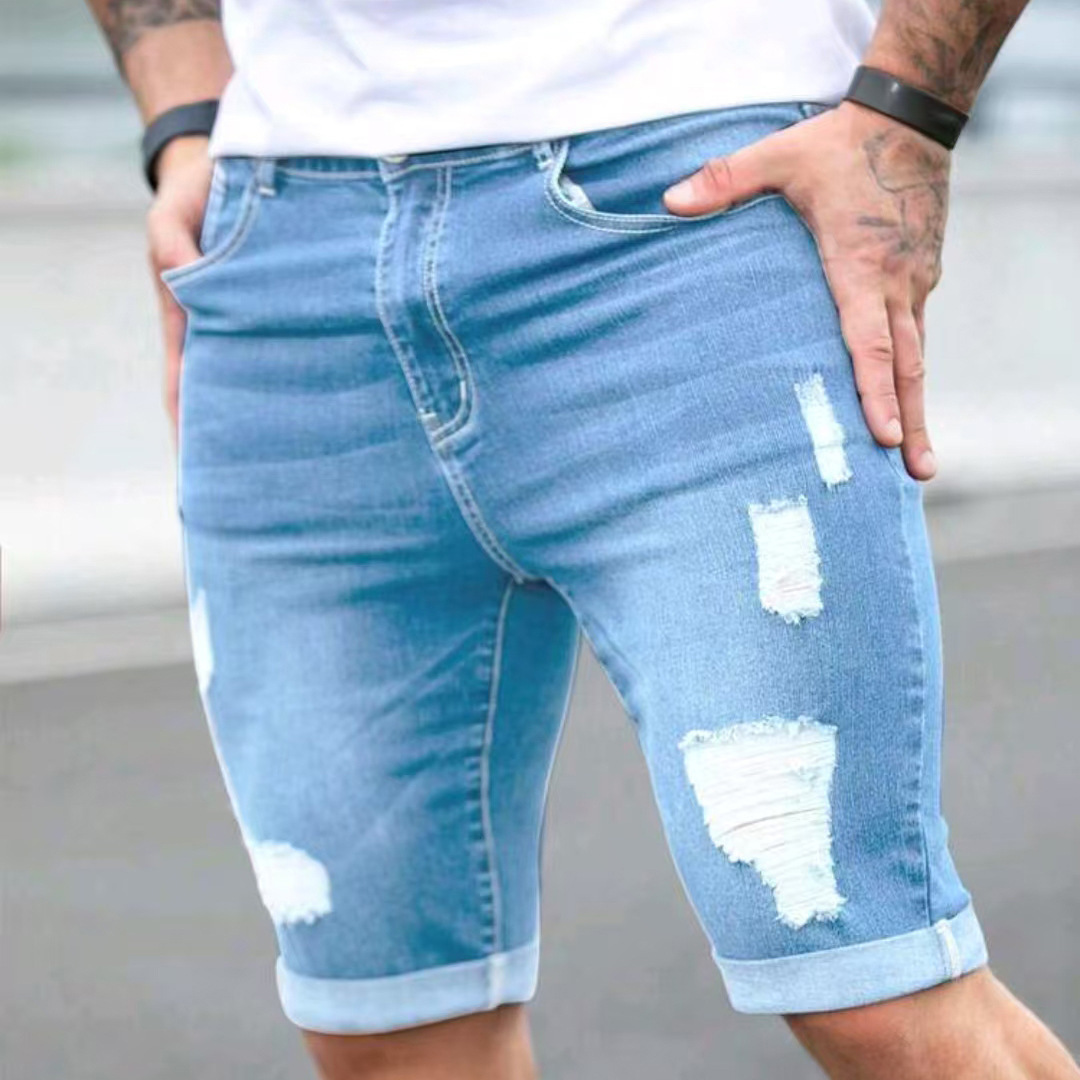 Cross-Border Temu Blue Ripped Denim Shorts with Multiple Holes Design Jeans Men's Summer Jeans Men's Summer Thin Style