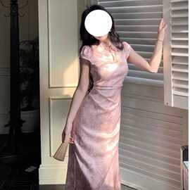 新中式国风长裙夏季收腰显瘦高级感立领提花缎面改良旗袍连衣裙女