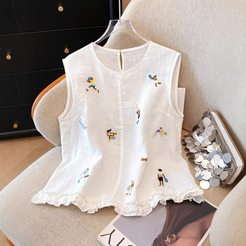 Brand Store Withdraws Women's Retro Ruffled Embroidered Linen 2025 Summer Lightweight Breathable Versatile Tank Top