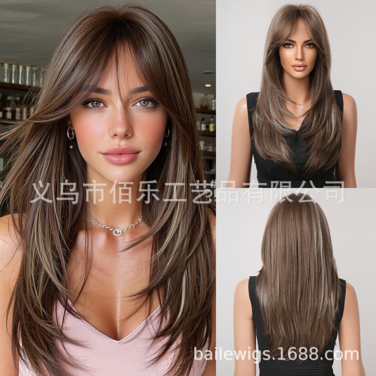 Pelucca marrón rojo gorra de cabello de mujer de alto nivel largo cabello recto de ocho caracteres franjas europeas y estadounidenses wigs transfronterizas