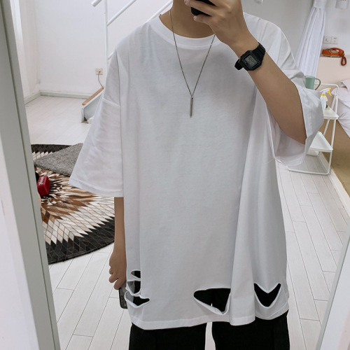 Summer brand five-point sleeve hole T-shirt for men, trendy short sleeve loose Ins casual couple round neck top base shirt