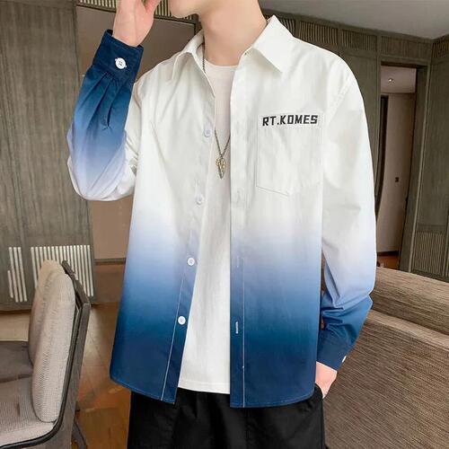 Men's Long-Sleeve Gradation Shirt for Spring and Autumn - New Arrival Korean Style Casual T-Shirts for Men - Blue Trendy Loose Top Coat