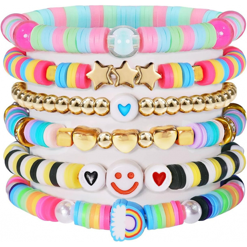 6-Piece Set of European and American Cross-Border Heart Five-Pointed Star Rainbow Smiley Flower Bohemian Style Friendship Elastic Bracelet