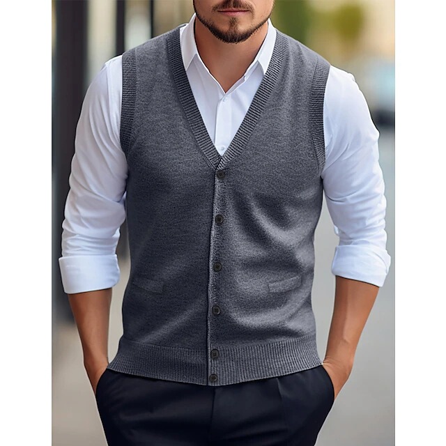 Cross-border European and American Men's Casual Vest Solid Color Sleeveless Four Seasons Wool Knitted Cardigan Men's Vest