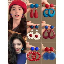 红蓝系列银针树脂椭圆耳环复古港风时尚百搭耳钉小众高级感耳饰女