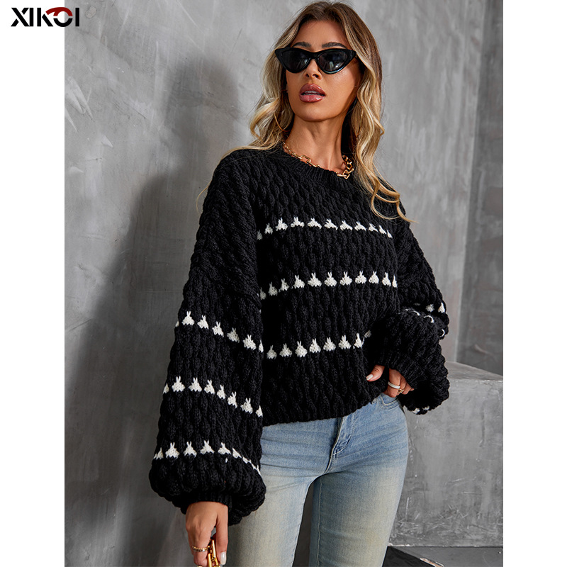 Women's Clothing Striped round neck pullover thick needle sweater women's loose lazy style new long sleeved knitted sweater top trend_voghion.com